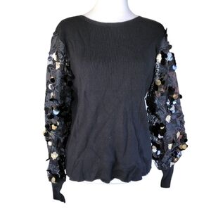 Anthropologie Sioni Ribbed Black Gold Sequin Balloon Sleeve Blouse Size Medium